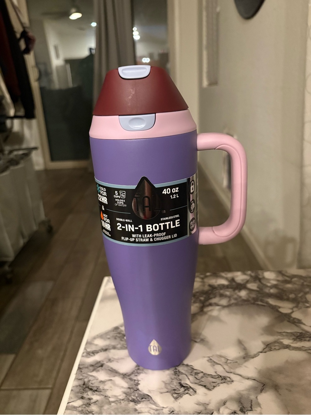 40 oz Purple and Pink Insulated 2-in-1 Travel Bottle with Handle